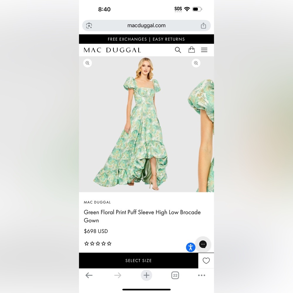 MAC DUGGAL
Green Floral Print Puff Sleeve High Low Brocade Gown